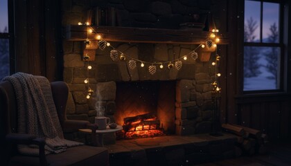 Warm and cozy stone fireplace with burning logs is decorated with a glowing garland in a rustic cabin living room on a snowy winter night