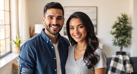 Portrait of a happy young couple smiling at the camera in their modern home. Attractive man and woman standing together in their living room