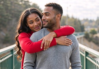Happy young black couple embracing outdoors. Affectionate african american man and woman in love hugging on a bridge. Romantic relationship and togetherness concept