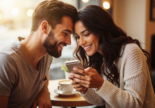 Happy young couple looking at smartphone in a cafe. Romantic man and woman touching foreheads and smiling while using mobile phone on a date. Love and technology concept - Powered by Adobe