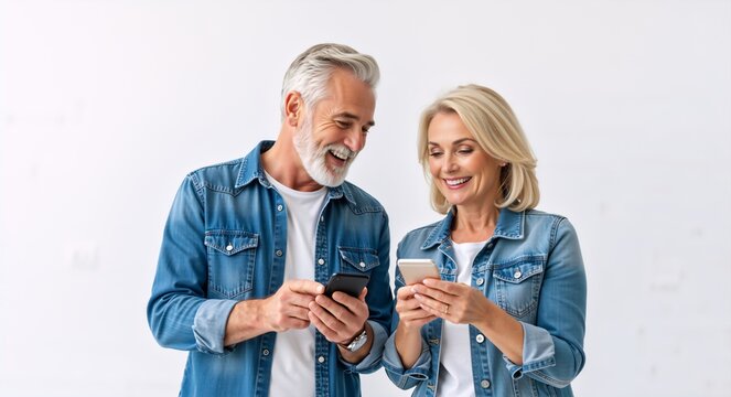 Happy senior couple using smartphones and laughing. Cheerful elderly man and woman looking at mobile phones. Technology and communication concept with copy space - Powered by Adobe