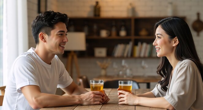 Smiling young Asian couple enjoying a beer on a date. Man and woman having a happy conversation in a modern home or cafe - Powered by Adobe