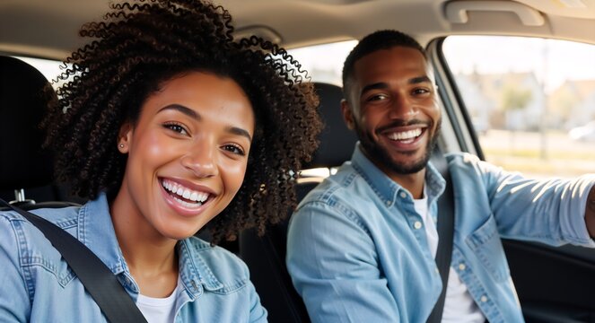 Happy young black couple smiling for a selfie in a car. Man and woman enjoying a road trip together - Powered by Adobe