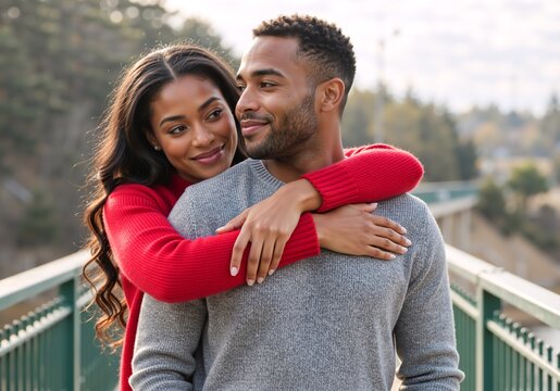 Happy young black couple embracing outdoors. Affectionate african american man and woman in love hugging on a bridge. Romantic relationship and togetherness concept - Powered by Adobe