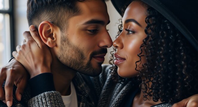 Tender moment between a loving interracial couple in a close-up portrait. A young man and a black woman embracing and looking into each other's eyes. Intimacy and connection - Powered by Adobe