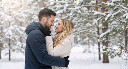Fototapeta premium A romantic young couple hugging in a snowy winter forest. A happy man and woman embrace outdoors on a cold day