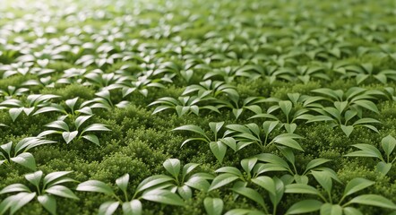 A field of lush green plants with selective focus. Natural background of fresh foliage and new growth. Spring and environment concept