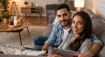 Happy young couple smiling and relaxing on the sofa at home. Portrait of an affectionate man and woman embracing in a cozy modern living room