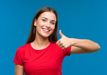 Fototapeta premium Happy young woman showing thumbs up gesture. Smiling girl in red t-shirt giving a like sign on a blue background. Positive feedback and approval concept with copy space