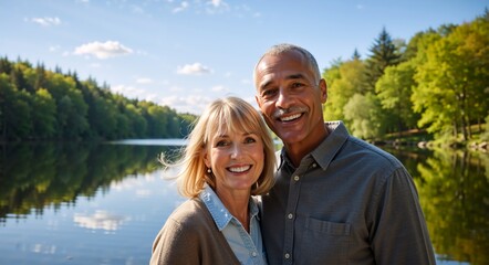 Portrait of a smiling mature interracial couple in nature. Happy senior man and woman enjoying retirement together by a lake on a sunny day