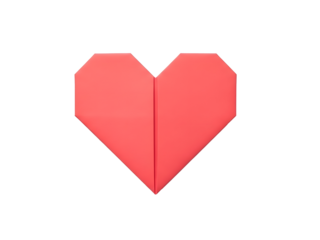 Minimalist red or coral origami paper heart on a transparent background, symbolizing romantic love, passion, handmade craft, and emotional expression concepts.