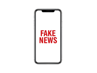 Modern smartphone screen displaying red fake news text isolated on transparent background, social media hoax concept.
