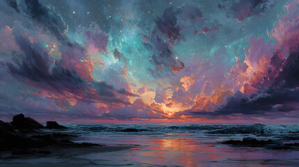 Vibrant clouds and swirling colors paint the night sky above the ocean