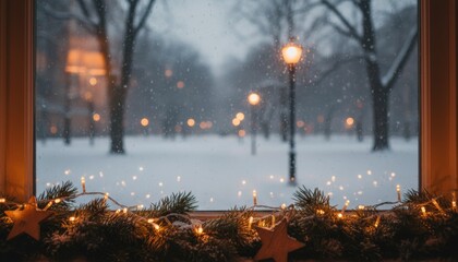 Festive windowsill decorated with a pine garland, glowing fairy lights, and a wooden star creates a cozy atmosphere against a snowy winter park background