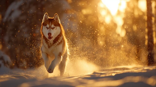 A Siberian husky runs energetically through snow in a forest. The sun sets in the background casting warm light over the scene. Snow flies around as the dog enjoys its activity.