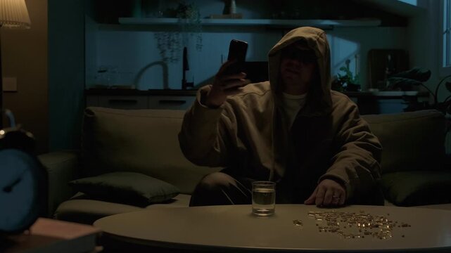 Drugs and addiction. Hooded man suffering from addiction, taking another pill at night. Dependence, isolation or psychological suspense