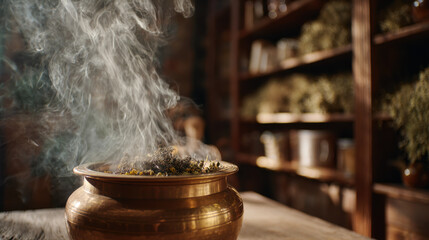 Herbal medicine preparation with steaming herbs in a copper bowl. Aromatic steam rises from a bowl of herbs, suggesting traditional healing practices and natural remedies