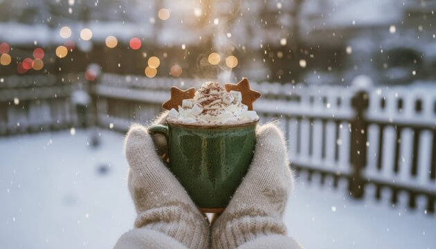 Green ceramic mug of hot chocolate topped with whipped cream and cookies held by hands in mittens during a gentle snowfall with warm bokeh lights in the background - Powered by Adobe