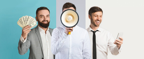 This collage features three individuals representing various aspects of business. One holds cash, another uses a megaphone, and the third looks at a smartphone.