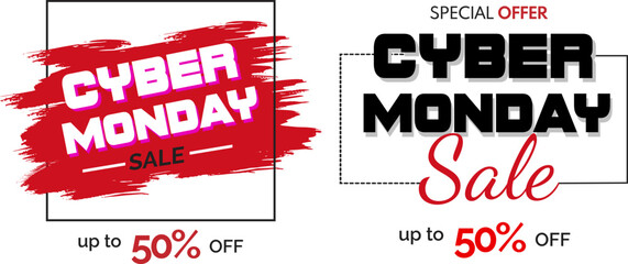 Cyber Monday Sale Banner Set, Red Brush Stroke and Modern Typography Discount Labels