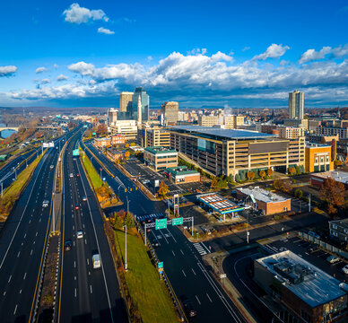 Downtown Springfield Massachusetts Skyline and Highway Aerial