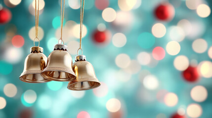 Festive golden and silver sleigh bells with bokeh background for holiday celebration
