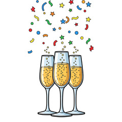 Three champagne glasses are depicted with bubbles rising, accompanied by festive confetti