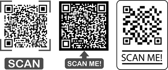 Digital Interaction Prompts Three QR Code Graphics with Scan Me Banners and Arrow Pointers for Mobile Engagement and Information Retrieval