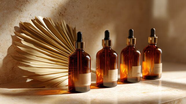 Amber glass bottles with dropper tops and golden accents on a marble surface. These apothecary-style bottles are perfect for essential oils, serums, or other natural beauty products - Powered by Adobe