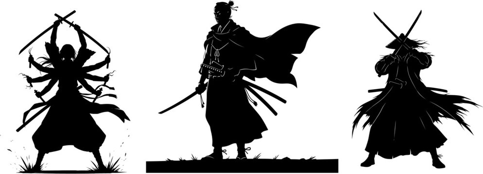 Silhouettes of a multi-armed warrior, a standing samurai, and a samurai in a conical hat katana