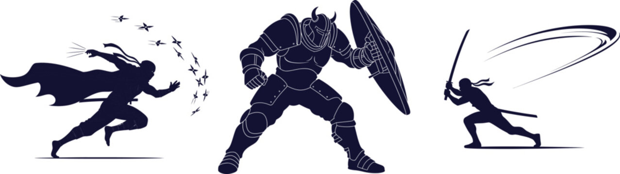 Silhouettes of a ninja throwing shurikens, a knight with shield, and a swordsman on white background