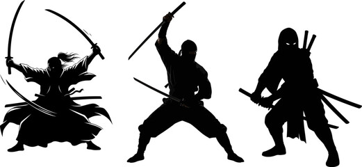 Three black silhouette ninja and samurai warriors in dynamic combat poses sword