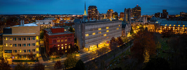 Aerial twilight view of Yale Residential College Buildings Illuminated at night