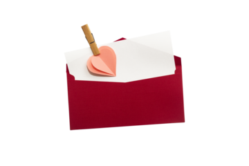 Red envelope with white card and pink heart decoration, open, isolated on white background, romantic and festive