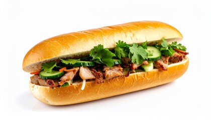 Traditional banh mi baguette sandwich with fresh coriander