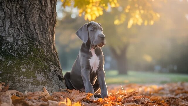 Gentle great dane puppy sitting under autumn tree with falling leaves