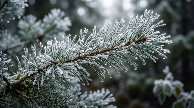 Frosty green pine tree branch covered in delicate ice crystals and melting water droplets on a cold winter morning with a soft, blurred forest background - Powered by Adobe