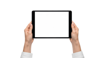 Female hands holding a sleek black digital tablet with a blank white screen, on a transparent seamless studio background, overhead shot, sharp focus, digital potential and innovation concept