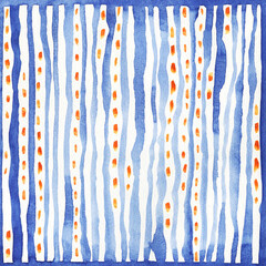 Watercolor seamless pattern with hand-drawn orange dots and blue stripes background. Ornament in decorative style. Vintage fashion fabric design, repeat print collection.