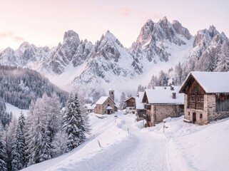 Fototapeta premium Traditional alpine village with stone houses and a church covered in fresh snow on a cold winter morning with dramatic mountain peaks illuminated by a soft pink sunrise