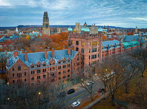 Aerial View of Yale Old Campus along Tree-Lined Street