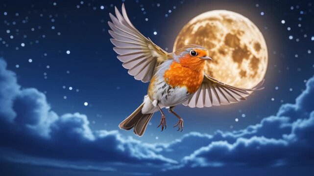 Red robin flying toward bright full moon in starry night sky