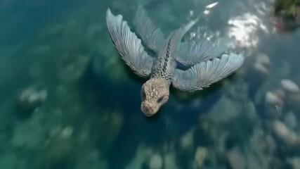 Mystical Creature Soaring Above Water Surface with Wings and Head.