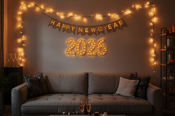 Cozy living room decorated for New Year 2026 with glowing fairy lights