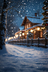 Cinematic winter night with glowing lanterns and falling snowflakes