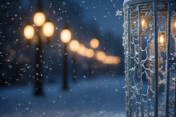 Serene New Year scene with frosty textures and twinkling holiday lights