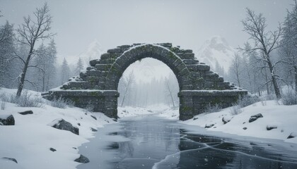 Ancient ruined stone arch bridge covered in snow and moss crosses a frozen river during a calm snowfall in a remote, mountainous winter forest landscape