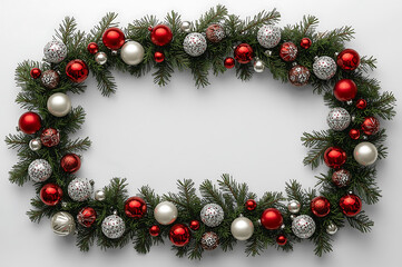 Vibrant red and white Christmas baubles framing lush green branches on white