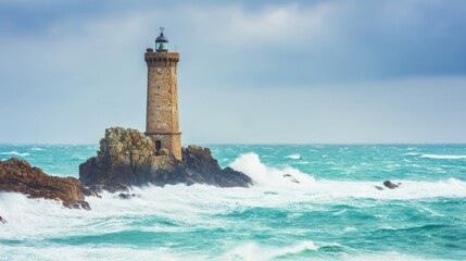 Stormy waves crash against a lighthouse on rocky shore near ocean