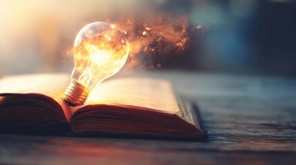 Light bulb on an open book with sparks in a dim room during evening